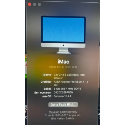 İMac 3,8 GHz 8 çekirdekli İntel Core İ7 8GB Bellek 2020 model