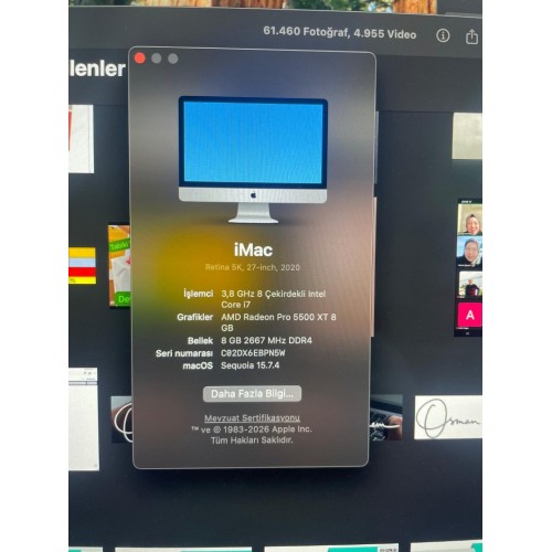 İMac 3,8 GHz 8 çekirdekli İntel Core İ7 8GB Bellek 2020 model